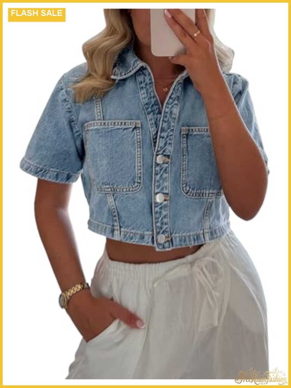 Women's Cropped Denim Jacket Jean Shirt Short Sleeve Cotton Blend Button Down